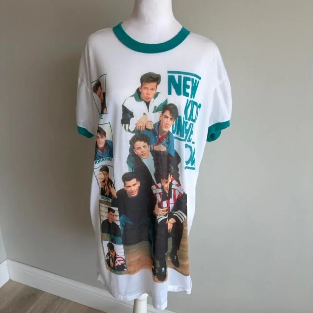 New Kids on the Block Girls 0S Nightgown White & Teal Ringer Vintage 90's Retro